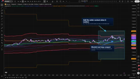 Axiom BB CTX showing a four-timeframe Bollinger Band ladder on a Bitcoin 5-minute chart.