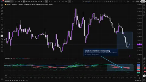 Axiom MACD Osc used on a Bitcoin pullback to compare blended MACD momentum, histogram behavior, and visible timeframe slots.
