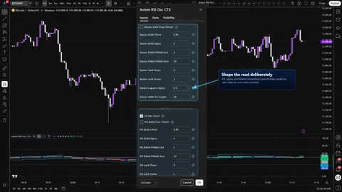 Axiom RSI Osc CTX settings showing advanced RSI, signal, moving average family, or master smoothing controls.